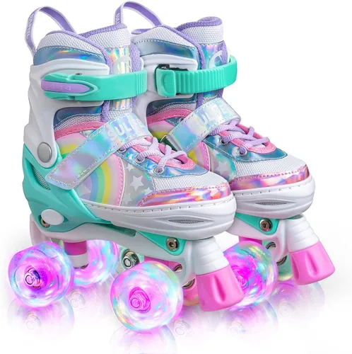 SULIFEEL Rainbow Unicorn - Patines ajustables de 4 tamaños para niñas y niños de 3-5, 5-8, 6-12 años, patines para interiores y exteriores Un arco