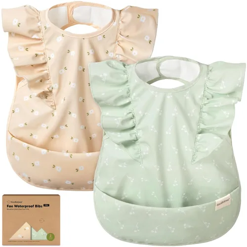 KeaBabies Baberos impermeables para bebé niña, niño, paquete de 2 baberos ligeros y grandes para comer, atrapa alimentos portátiles, artículos