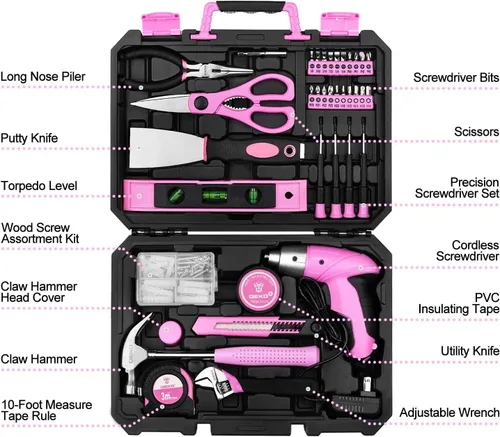Miniatura 2 de DEKOPRO Juego de herramientas: kit de herramientas manuales para el hogar general de 98 piezas rosa con caja de almacenamiento de plástico