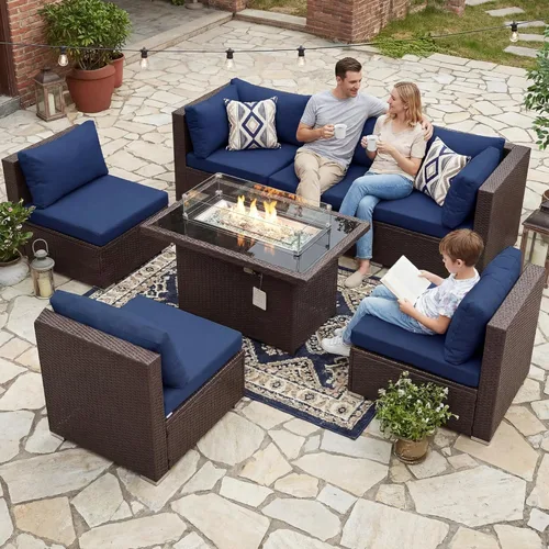 Miniatura 32 de BULEXYARD Juego de muebles de patio de respaldo alto de 7 piezas con mesa de fogata de combustible dual propano/gas natural, sofá seccional
