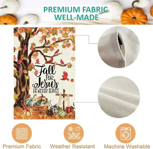 Miniatura 5 de Baccessor Bandera de otoño de 28 x 40 pulgadas, árbol cardenal de otoño para Jesús que nunca deja bandera vertical de doble cara, calabaza cosecha