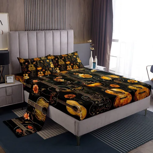 Miniatura 19 de Erosebridal Juego de sábanas tamaño individual de guitarra para niños y niñas, sábanas de teclados de piano, juego de cama con temática musical