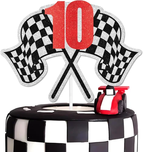 Decoración para pastel de carreras de cumpleaños número 10, bandera a cuadros, rápido, decoración de automóvil, fiesta de cumpleaños de corredor