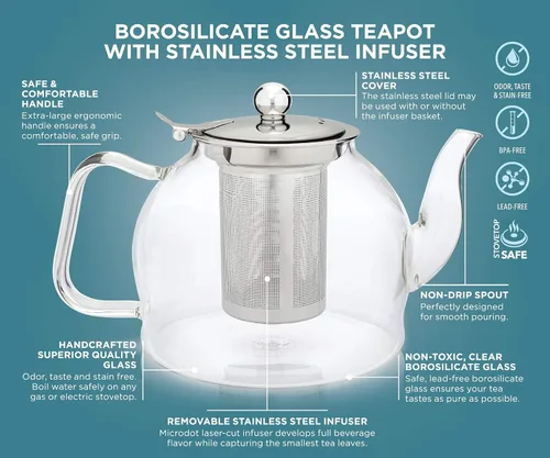 Miniatura 4 de Teabloom Dublin - Tetera de vidrio de borosilicato de primera calidad con infusor inoxidable extraíble, apta para estufa, ideal para té de hojas