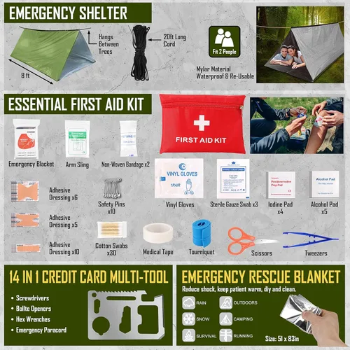 Miniatura 5 de Juego de supervivencia, 268 piezas, equipo y suministros de emergencia de supervivencia con kit de primeros auxilios, hacha de campamento, linterna