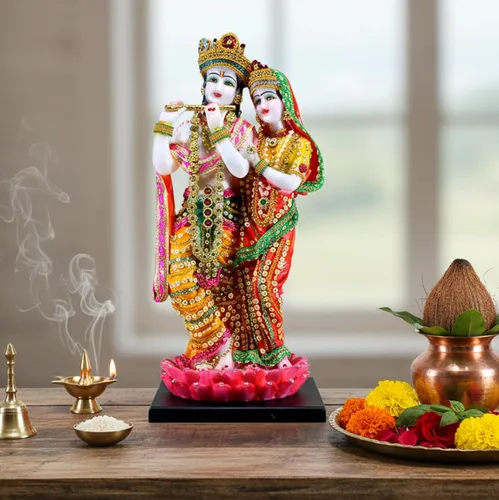 Miniatura 2 de eSplanade Radha Krishna Kishan de pie en una escultura de ídolo de Lotus Murti, resina, 16 pulgadas