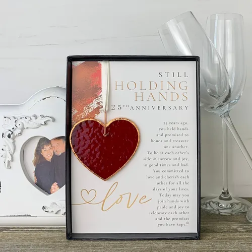 Miniatura 3 de 25 aniversario de boda: hermoso corazón de vitrales - Adorno de recuerdo sentimental 25 y significativo para la pareja casada - Hecho a mano