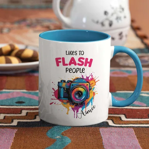 Miniatura 2 de Taza personalizada con texto en inglés "Me gusta destellar", taza de té de cerámica con cámara colorida personalizada con nombre, tazas de café