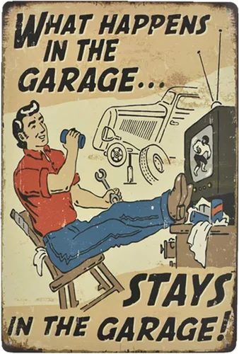 Flytime Letrero de hojalata vintage con texto en inglés «What Happens in The Garage», carteles retro para bar, pub, decoración de pared, letreros de