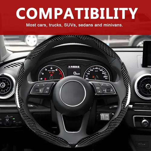 Miniatura 7 de 3 piezas de funda universal para volante de fibra de carbono - Diseño antideslizante y segmentado, protector de volante universal duradero al 99%