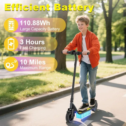 Miniatura 8 de VOLPAM Scooter eléctrico para niños de 8 a 12 años, neumáticos sólidos de 6.5 pulgadas, motor de 250 W con 3 velocidades de hasta 9 MPH, arranque