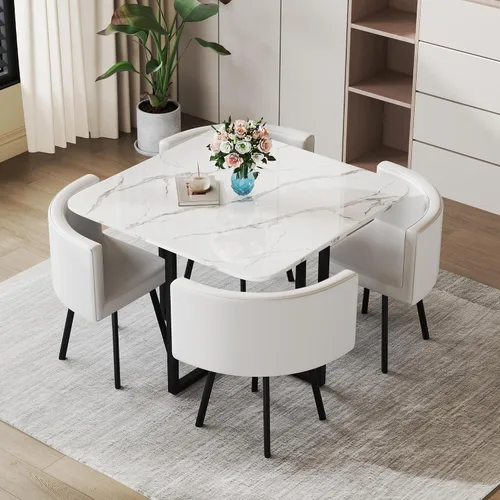 Miniatura 8 de Juego de mesa de comedor cuadrada de 39 pulgadas para 4, juego de mesa de negociación que ahorra espacio con 4 sillas tapizadas, juego de 5 piezas