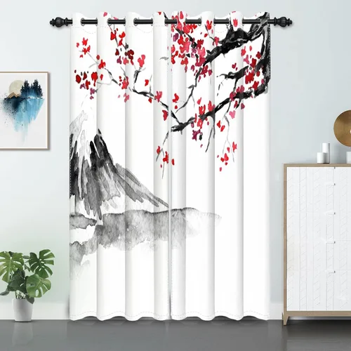 Miniatura 77 de Cortinas japonesas con pintura de tinta, monte Fuji, sol rojo, puesta de sol, hojas de bambú, cortinas de ventana para dormitorio, sala de estar