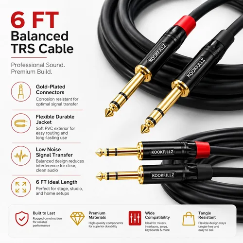 Miniatura 6 de Cable de altavoces, TRS equilibrado de 6 pies 1/4 ", paquete de 2