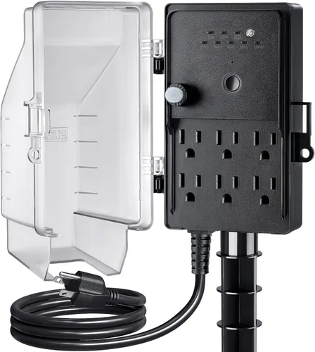 SURAIELEC Temporizador de Luz de Estaca de Energía para Exteriores, del Atardecer al Amanecer, Regleta de 6 Tomas Eléctricas Resistente a la Negro