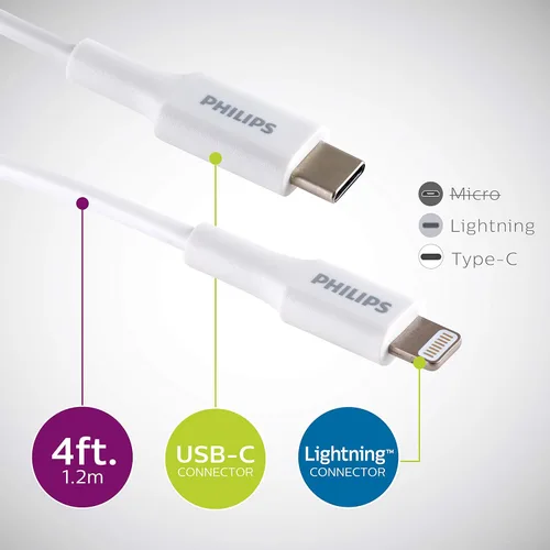Miniatura 2 de Philips Cable USB C a Lightning, cable de carga de iPhone de 4 pies para las series 14/13/12, cargador de Airpod Pro, cables de carga Lightning