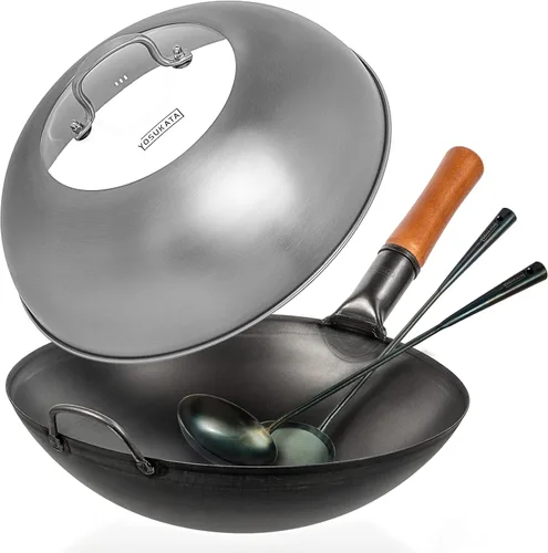 YOSUKATA Wok Pan de acero al carbono negro de 14 pulgadas (fondo redondo) con tapa de 13.6 pulgadas, cubierta inoxidable de alta calidad +