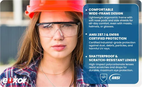Miniatura 7 de Paquete de 3 gafas de seguridad antivaho y a prueba de roturas, ANSI Z87.1 y EN 166, resistentes a los rayos UV, gafas de seguridad, marco ancho