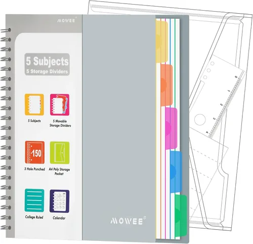 Miniatura 23 de Cuaderno de 5 materias – Cuaderno de espiral, cuaderno de rayas universitarias con bolsillo divisor, pestañas, regla de 11 pulgadas, 200 páginas
