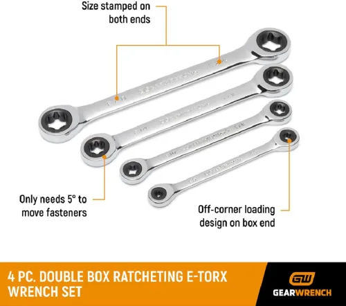 Miniatura 3 de GEARWRENCH Juego de llaves E-Torx de trinquete de caja doble de 4 piezas - 9224D, plata