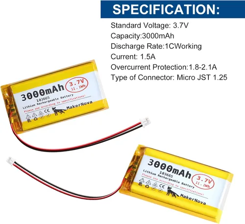 Miniatura 4 de Paquete de 4 baterías LiPo de 3.7 V 103665 3000 mAh, 1S 3C recargable, conector Micro JST 1.25, placa de protección dual