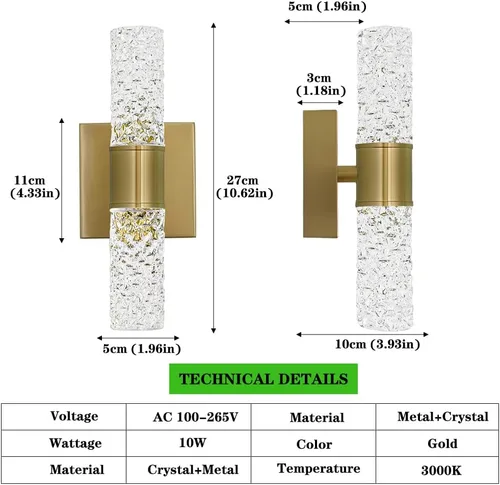Miniatura 3 de Juego de 2 apliques de pared LED de cristal, lámparas de baño de oro cepillado, modernas luces de baño con LED con cable para dormitorio, sala