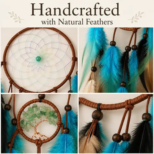 Miniatura 3 de AWLEE Atrapasueños Árbol de la Vida con Plumas Hechas a Mano en Azul para Niños, Decoración de Pared para Dormitorio de Niños, Arte de Pared