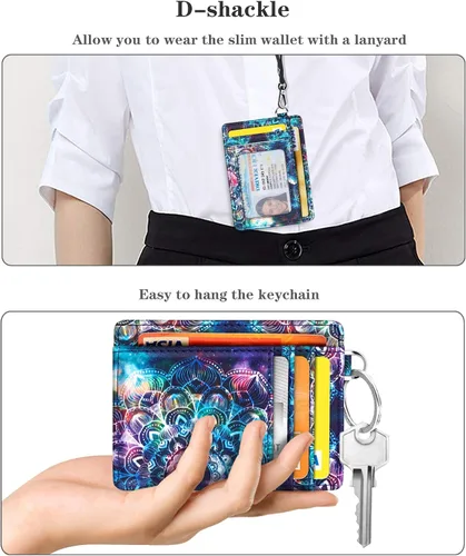 Miniatura 5 de Cartera delgada con bolsillo frontal RFID para tarjetas de identificación, bonita cartera pequeña con llavero para mujer
