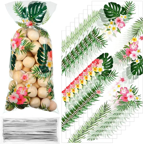 Geyee 100 bolsas hawaianas de celofán Luau, con temática de Aloha tropical de verano, hojas de palma, hibisco, bolsa de golosinas con 100 lazos