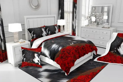 Miniatura 6 de Manfei Sábana bajera ajustable de piel de vaca, tamaño individual, juego de ropa de cama de flores de rosa roja, 2 piezas para decoración