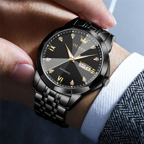 Miniatura 2 de OLEVS Reloj de pulsera automático con diseño de esqueleto para hombre, de lujo, con diamantes de lujo, de acero inoxidable, calendario, reloj