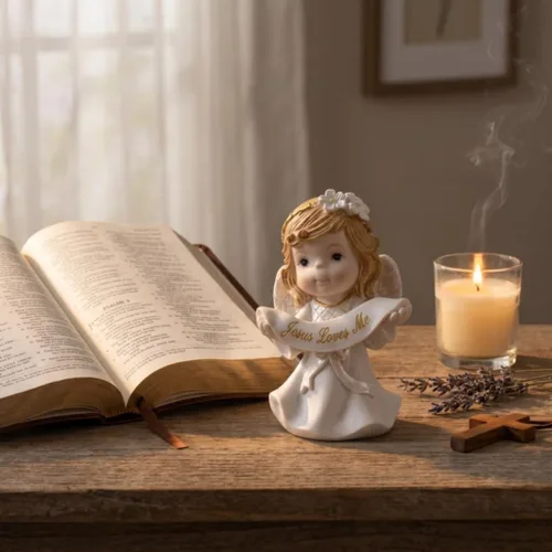 Miniatura 7 de Comfy Hour Figura de ángel de niña orante de 5 pulgadas, Jesús me ama, regalo religioso para niños y niños pequeños, decoración de guardería