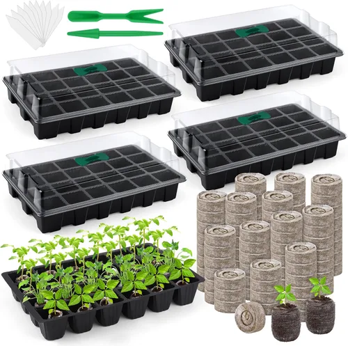 Hahood Paquete de 4 bandejas de germinación de 24 celdas con cúpula de humedad y base, kit de cultivo de plantas, incluye pellets de turba,