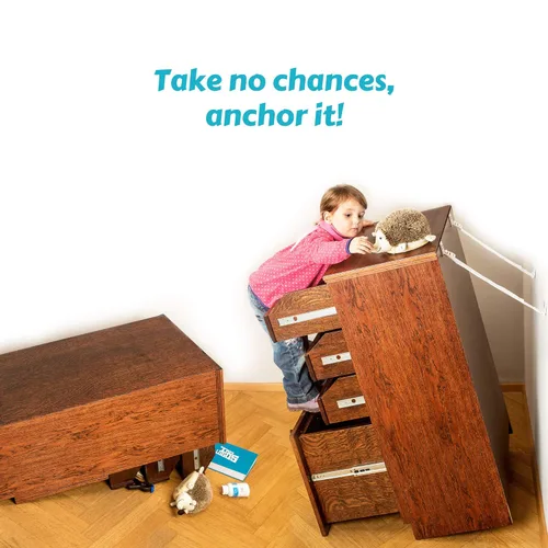 Miniatura 3 de Boxiki Kids Anclajes ajustables para muebles anti-punta para kit de anclaje de tocador y prueba de bebés. 8 anclajes de pared de PC y correas