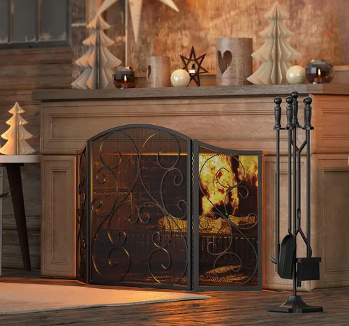 Miniatura 9 de Pantalla para chimenea Fire Beauty de 3 paneles, hierro forjado de metal, 121,9 cm (L) x 76,2 cm (H), cubierta protectora contra chispas (negro)