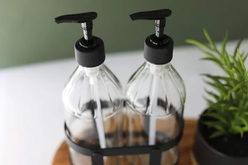 Miniatura 3 de Rail19 Juego de plato de cocina transparente vintage + dispensador de jabón de manos con soporte de metal negro, perfecto para fregadero de cocina