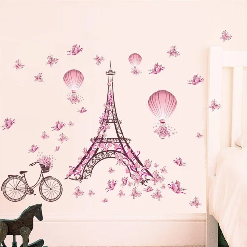 Miniatura 5 de Aniversario Día de la Madre Romántico Francia París Torre Eiffel Calcomanías de pared para habitación de niñas, flores bicicletas, mariposas, globo