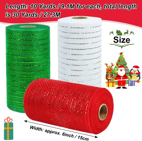 Miniatura 4 de 3 rollos de cinta de malla para coronas, 6 pulgadas x 30 pies cada rollo de rollos de malla de polideco rojo, verde y blanco, cinta de Navidad