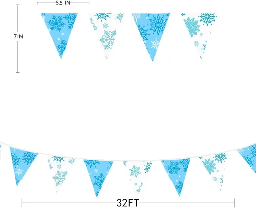 Miniatura 2 de Pancarta de copos de nieve azules y blancos de 32 pies, bandera triangular, banderines de tela para invierno, país de las maravillas, Navidad, Azul