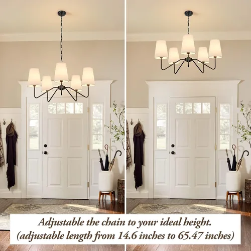 Miniatura 2 de Candelabro moderno de 5 luces de 30 pulgadas con pantallas blancas, lámpara colgante clásica para comedor, lámpara negra con base E12 lámpara