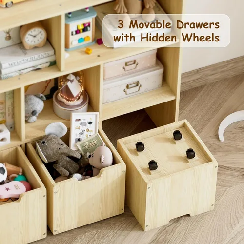 Miniatura 3 de EXPERLAM Organizador de almacenamiento de juguetes de madera de pino macizo, estantería para niños y organizador de juguetes con 3 cajones rodantes