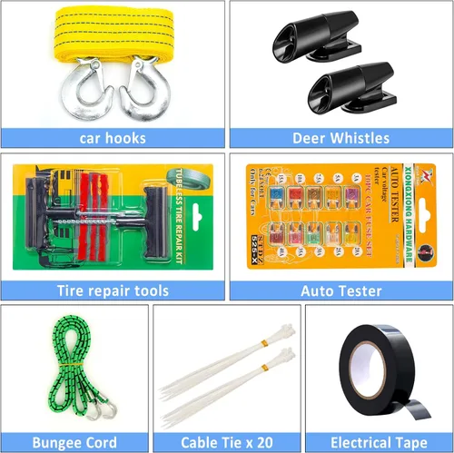 Miniatura 9 de Kit de asistencia de emergencia para automóvil de carretera de 105 piezas con cables de puente de compresor de aire portátil