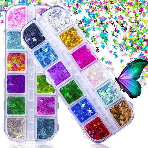 Juego de purpurina holográfica 3D para uñas, 24 colores/juego de lentejuelas para uñas láser, lentejuelas acrílicas para decoración de uñas y