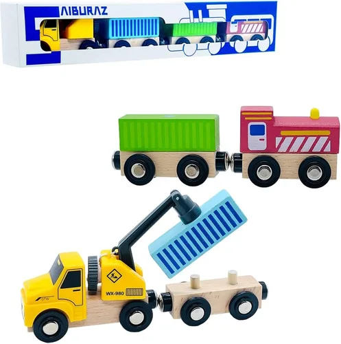 Juego de trenes de madera con grúa, juguetes de tren magnético para pistas de tren de madera, conjuntos de trenes para niños pequeños y niños de 3