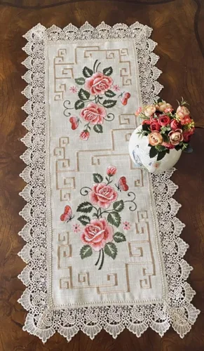 Miniatura 2 de 000 AMT - Camino de mesa de lino bordado con punto de cruz floral de Venecia - Beige (beige, 12 x 17 OB.)