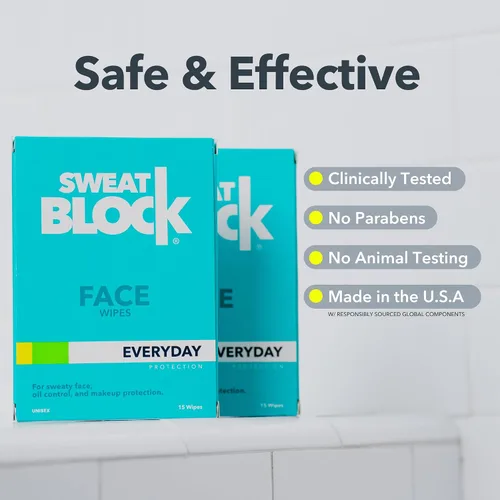 Miniatura 8 de SweatBlock Toallitas faciales antitranspirantes para hombres y mujeres, 15 unidades, ayudan a controlar la piel grasa, reducir el brillo