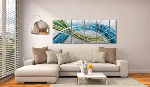 Miniatura 4 de Yihui Arts Arte abstracto de pared de metal, hecho a mano, 5 paneles grandes, grandes, azul, verde azulado, plateado, único, aluminio 3D, moderno