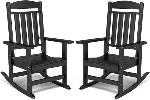 Miniatura 18 de FOOWIN Juego de sillas mecedoras de patio de 2 piezas, mecedora de porche con respaldo alto de HDPE, mecedora de porche de madera de polietileno