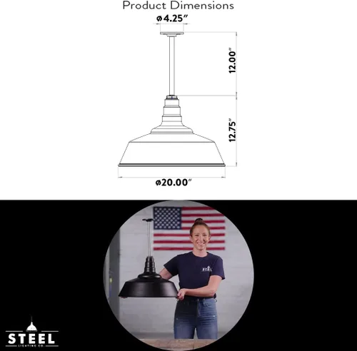 Miniatura 8 de Steel Lighting Co. Manhattan Warehouse Light Lámpara colgante montada en el techo Cúpula de 20 pulgadas Tallo inclinado de 12 pulgadas Gran