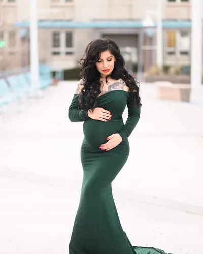 Miniatura 6 de ZIUMUDY Vestido de Maternidad con Hombros Descubiertos para Sesión de Fotos y Fotografía, Vestido de Color Sólido para Baby Shower
